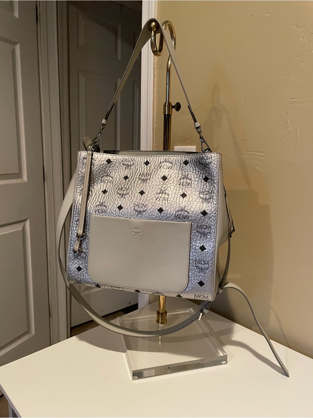 MCM Silver/White Visetos Logo Crossbody Shoulder Bag